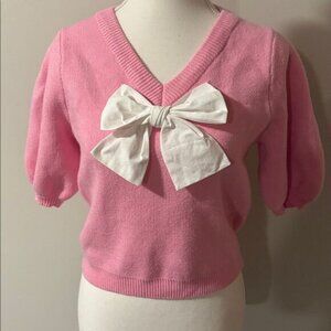 NWT She + Sky Pink Pull Over Long Sleeve Sweater with White Bow. Size Small